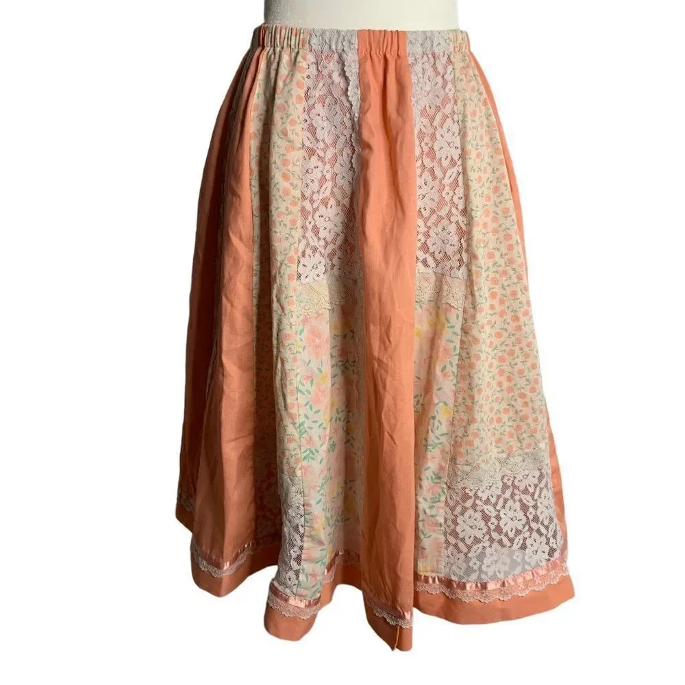 Vintage 70s Patchwork Circle Patio Skirt S Pink Floral Lace Cottage Prairie